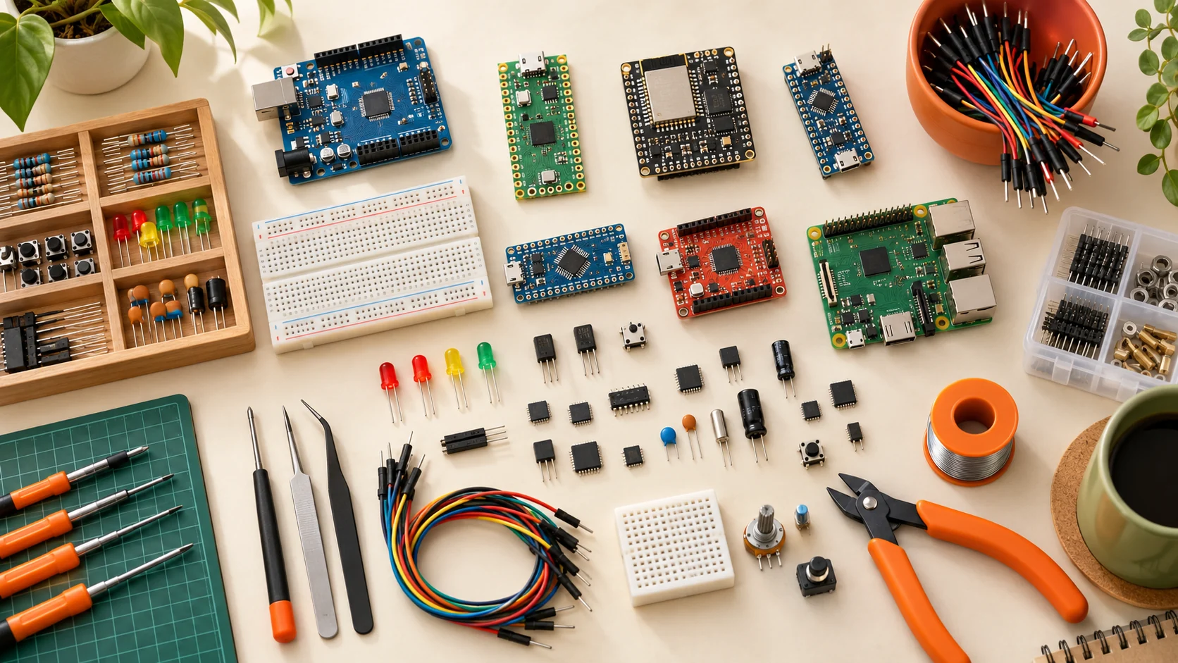 Microcontroller development boards and prototyping tools, illustrative scene